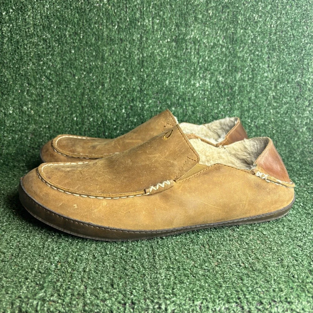 OluKai Moloa Wool Shearling Leather Slipper Drop-In Heel Casual Tan Mens Size 12